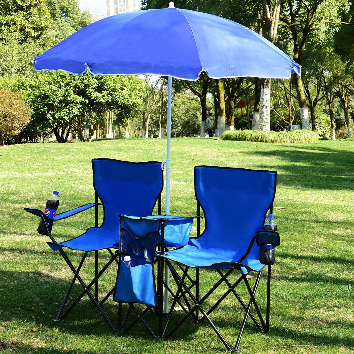 Premium Blue Double Beach Chair with Adjustable Umbrella - Foldable, Portable for Picnic, Camping, Fishing & Outdoor Relaxation | Includes Built-in Cooler & Side Table