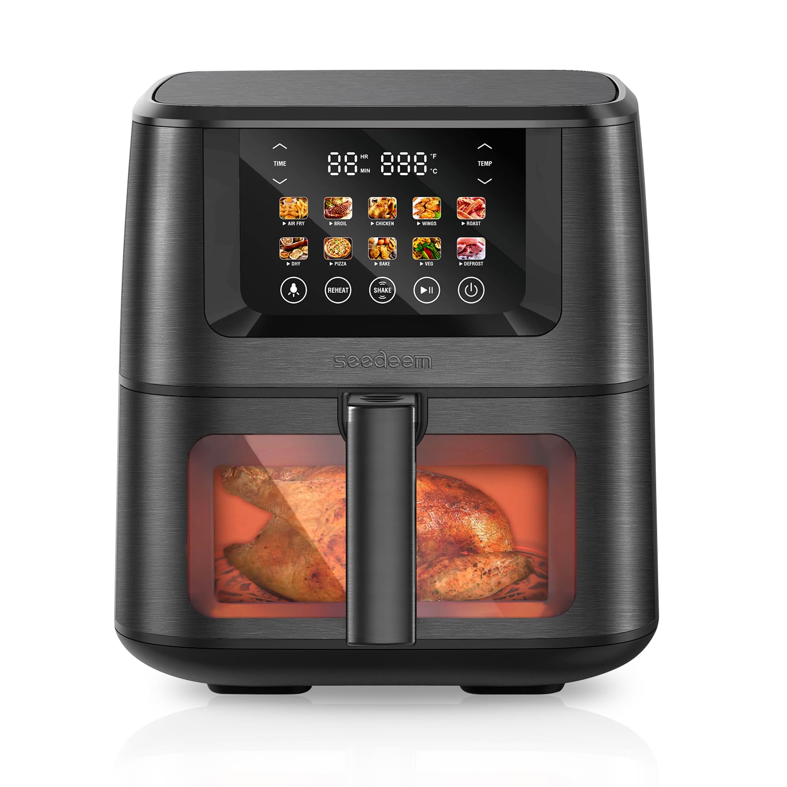 SEEDEEM Max XL 8-Quart Air Fryer Oven - 10-in-1 Countertop Convection Toaster Oven with LCD Touchscreen, Clear View Window - Bake, Roast, Broil, Dehydrate - Perfect for Family Dinners, Meal Prep & Healthy Cooking (Black)
