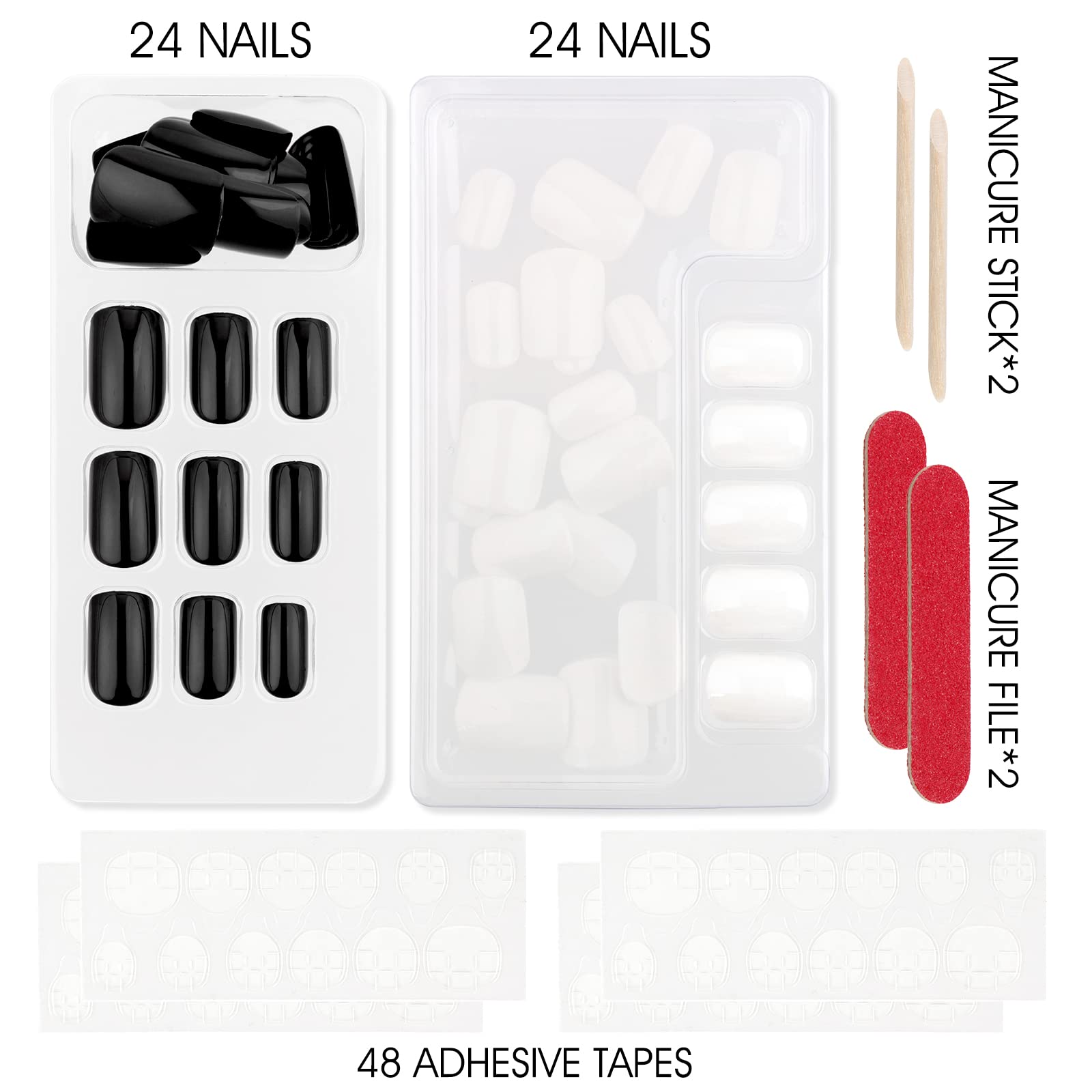 E&A 2 Packs Short Square Press On Nails - 24Pcs Black & 24Pcs White Gel False Nails Kit with Glue - Easy Stick On Manicure Nail Art Tips for Women & Girls - Perfect for Parties, Weddings, and Daily Wear