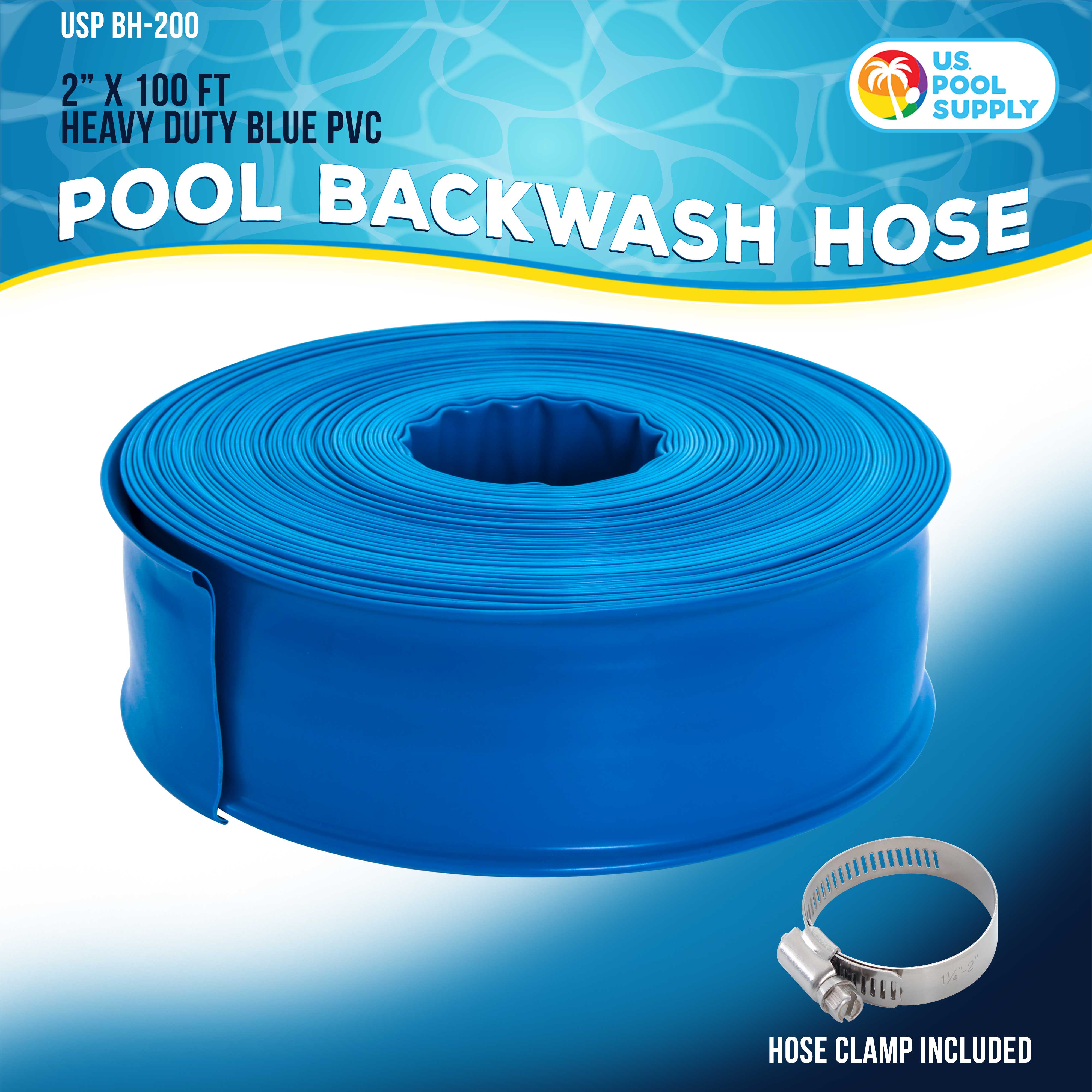 U.S. Pool Supply® 2-Pack 100-Foot Heavy Duty Blue Swimming Pool Backwash Hose with Hose Clamp - Durable Pool Maintenance Hose for Easy Water Drainage and Cleaning