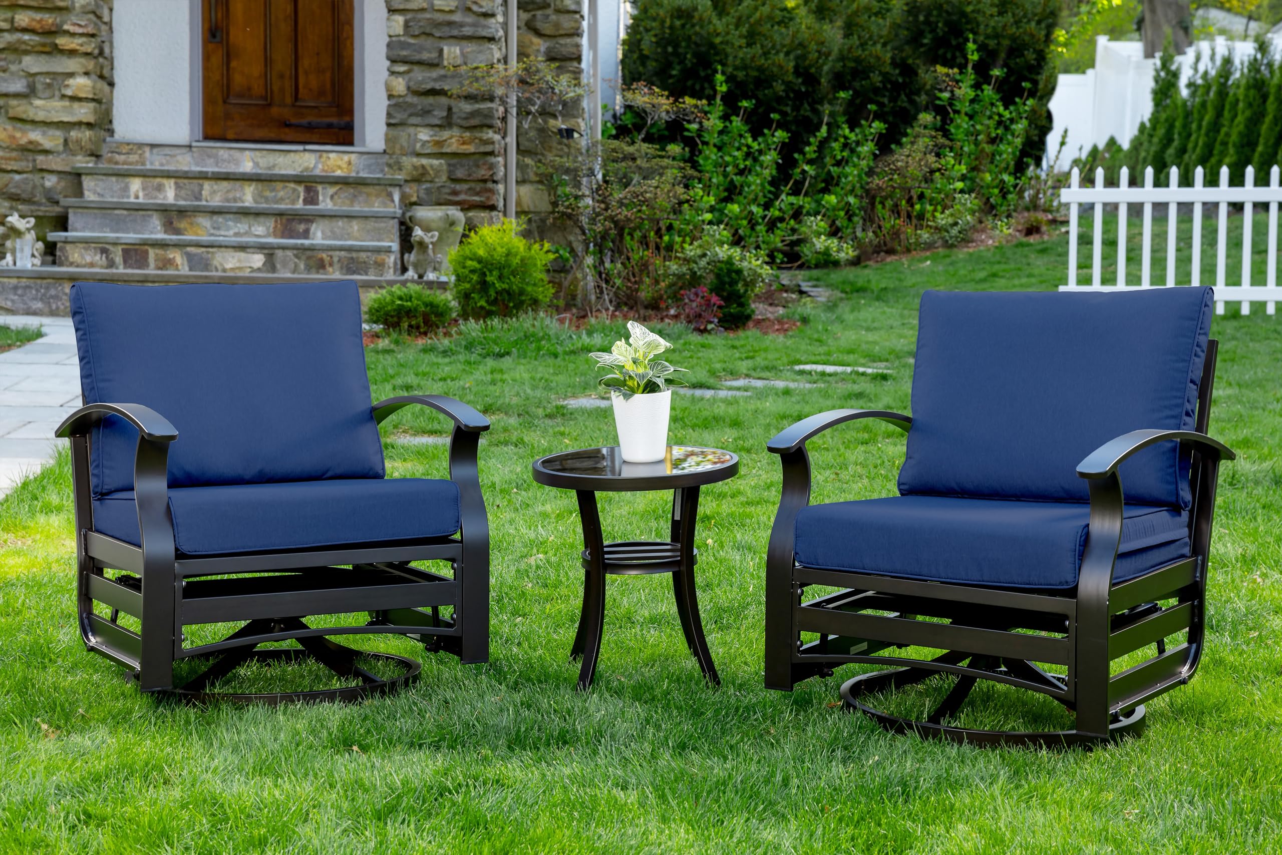 Gotland 3-Piece Outdoor Aluminum Swivel Rocking Chair Set with Coffee Table & Navy Cushions - Patio Furniture for Porch, Garden, Deck, and Backyard Relaxation