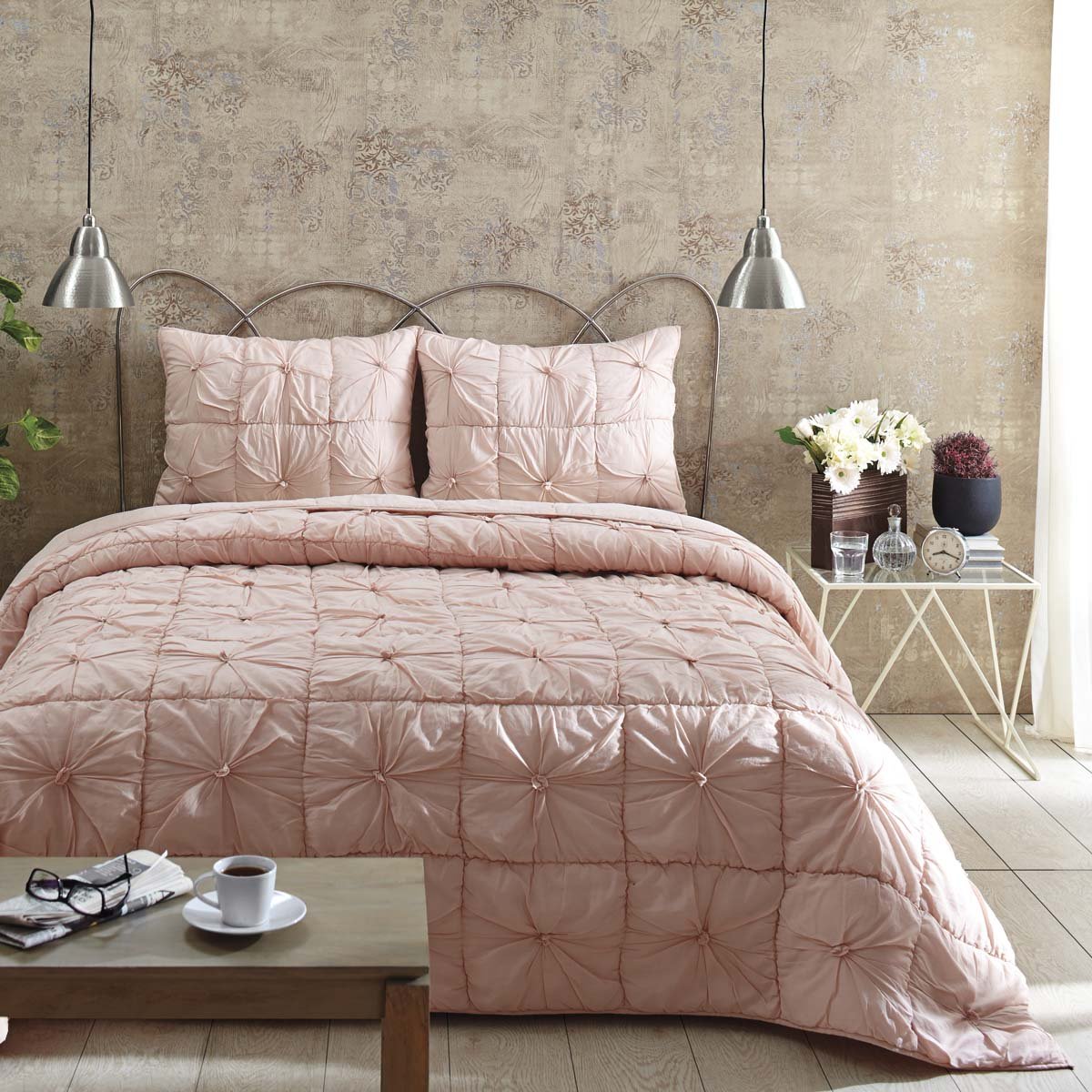 VHC Brands Camille Blush Pink King Size Quilt Set with 2 Shams - Luxury Bedding for Master Bedroom & Guest Room Decor