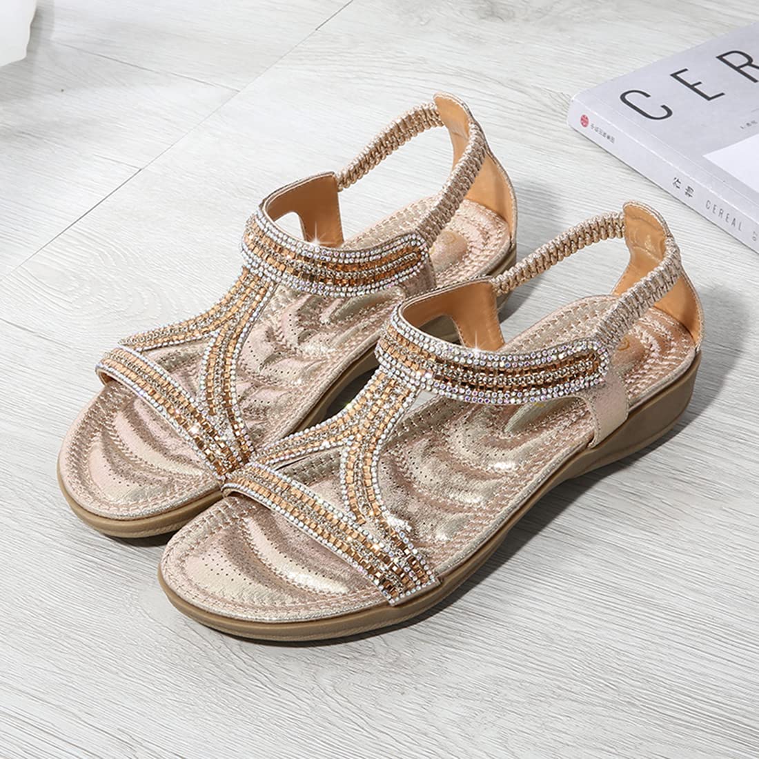 Women's Bohemian Rhinestone Sandals - Comfortable Flat Beach Sandals with Elastic Ankle Strap | Slip-On Summer Shoes for Women | Perfect for Beach Vacations, Poolside Lounging & Casual Outings