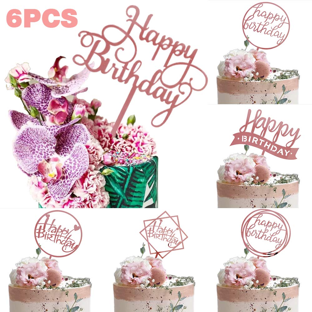6PCS Rose Gold Happy Birthday Cake Topper Acrylic - Elegant Birthday Party Decorations, Cake Decor Supplies for Weddings, Baby Showers & Anniversary Celebrations