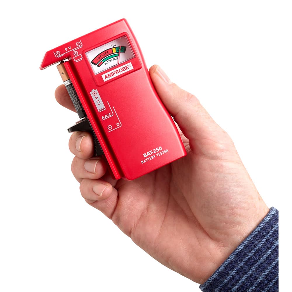 Amprobe BAT-250 Handheld Battery Capacity Tester with V-Shaped Side Cradle - Digital Battery Analyzer for AA AAA C D 9V Cells - Perfect for Home, Workshop & Industrial Battery Testing