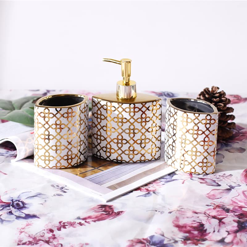 5-Piece Ceramic Bathroom Accessory Set - Includes 2 Mouthwash Cups, Soap Dish, Toothbrush Holder & Lotion Dispenser - Modern Toilet Organizer for Home, Guest Bathroom & Spa Decor