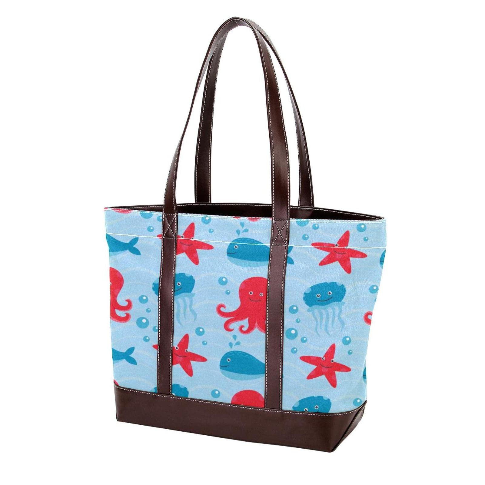 Stylish Large Leather Canvas Tote Bag for Women - Floral Illustration Top Handle Shoulder Satchel Hobo Purse - Perfect for Work, Travel & Shopping
