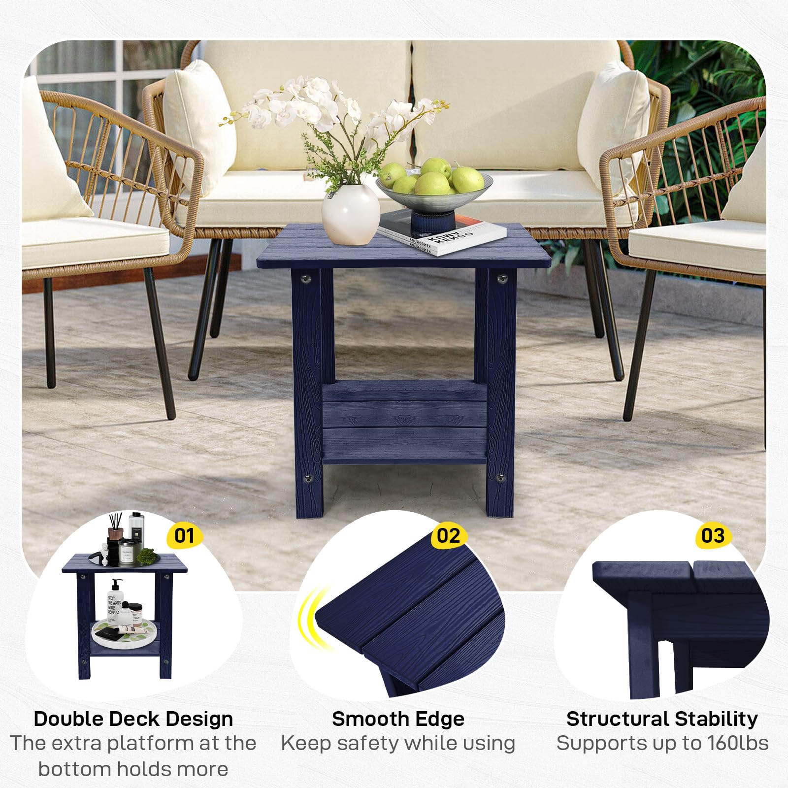 Weather-Resistant Outdoor Side Table - Double Small Adirondack End Table for Patio, Pool, Deck & Porch - 17