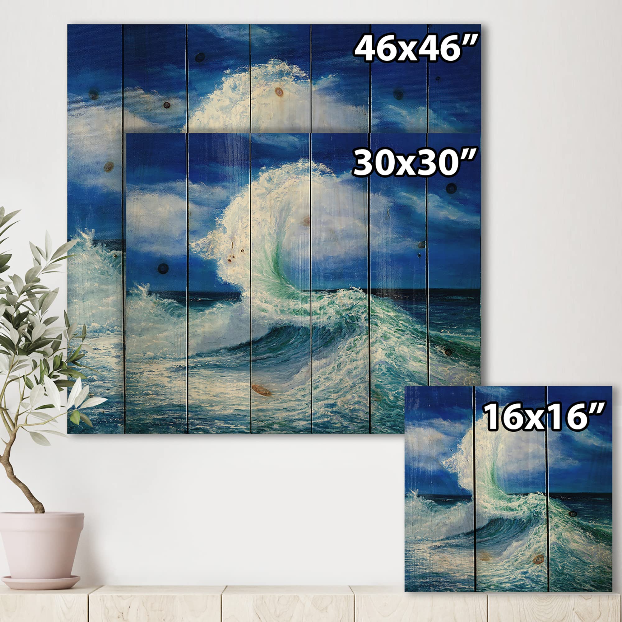 DesignQ Ocean Wave Wood Wall Art - Large Nautical Coastal Decor Printed on Natural Pine Wood - Perfect for Beach House, Living Room & Office Wall Decor
