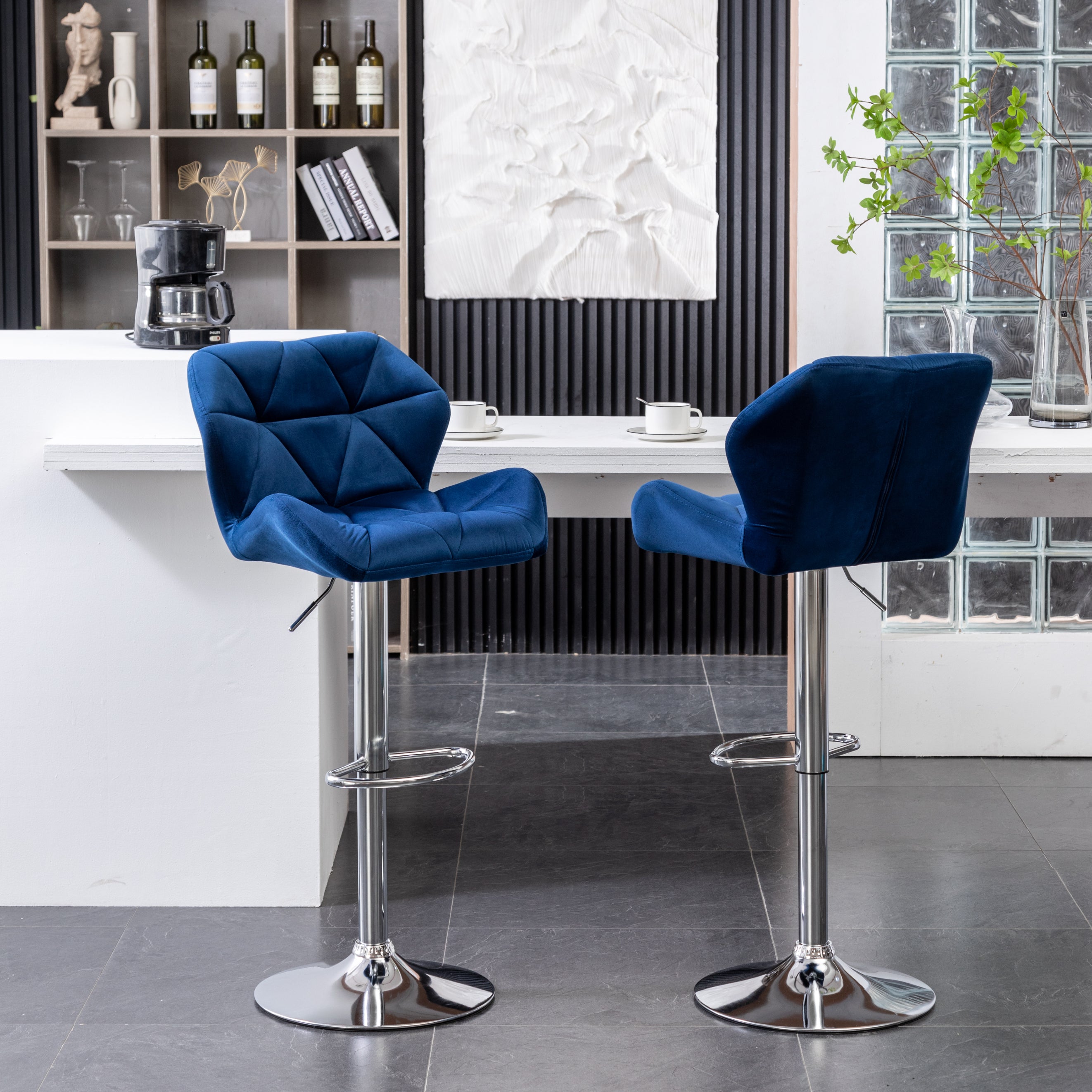 Roundhill Furniture Breni Velvet Diamond Tufted Swivel Adjustable Height Bar Stool - Set of 2, Navy Blue Velvet Upholstery - Perfect for Kitchen Islands, Home Bars & Breakfast Nooks