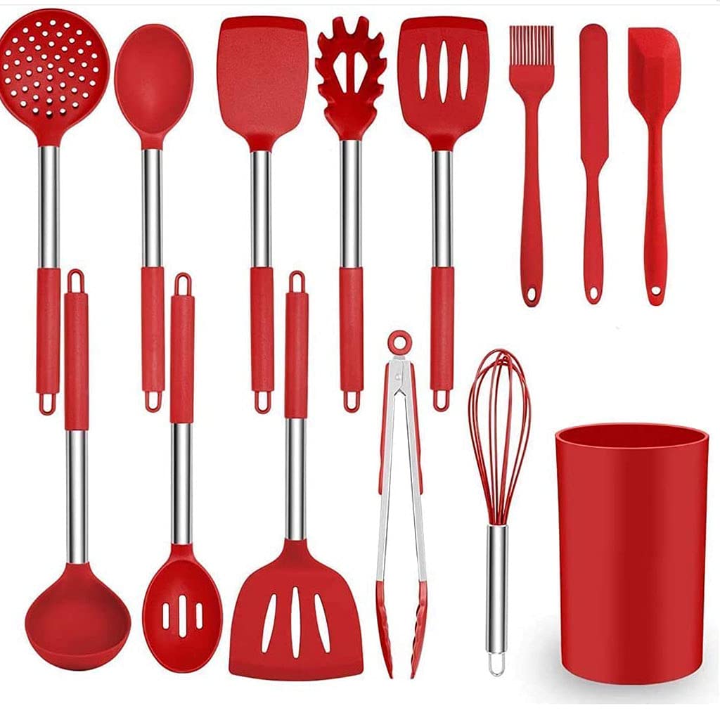WEIXINYU 13-Piece Silicone Kitchen Utensil Set with Storage Holder - Heat Resistant, Non-Stick Cooking Tools with Stainless Steel Handles (Turner, Spatula, Spoon, Tongs) - BPA Free, Dishwasher Safe (Red) - Perfect for Baking, Frying, and Everyday Cooking