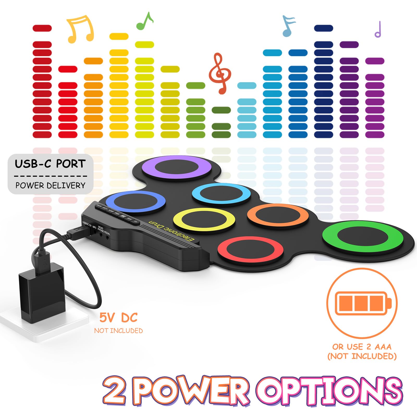 Rocktata® Electronic Drum Set - 7 Pad Roll-Up Drum Kit with Headphone Jack, Pedals & Drumsticks | Portable Practice Pads for Kids & Beginners | Perfect for Home Practice, Music Lessons & Quiet Training (No Built-in Speaker)