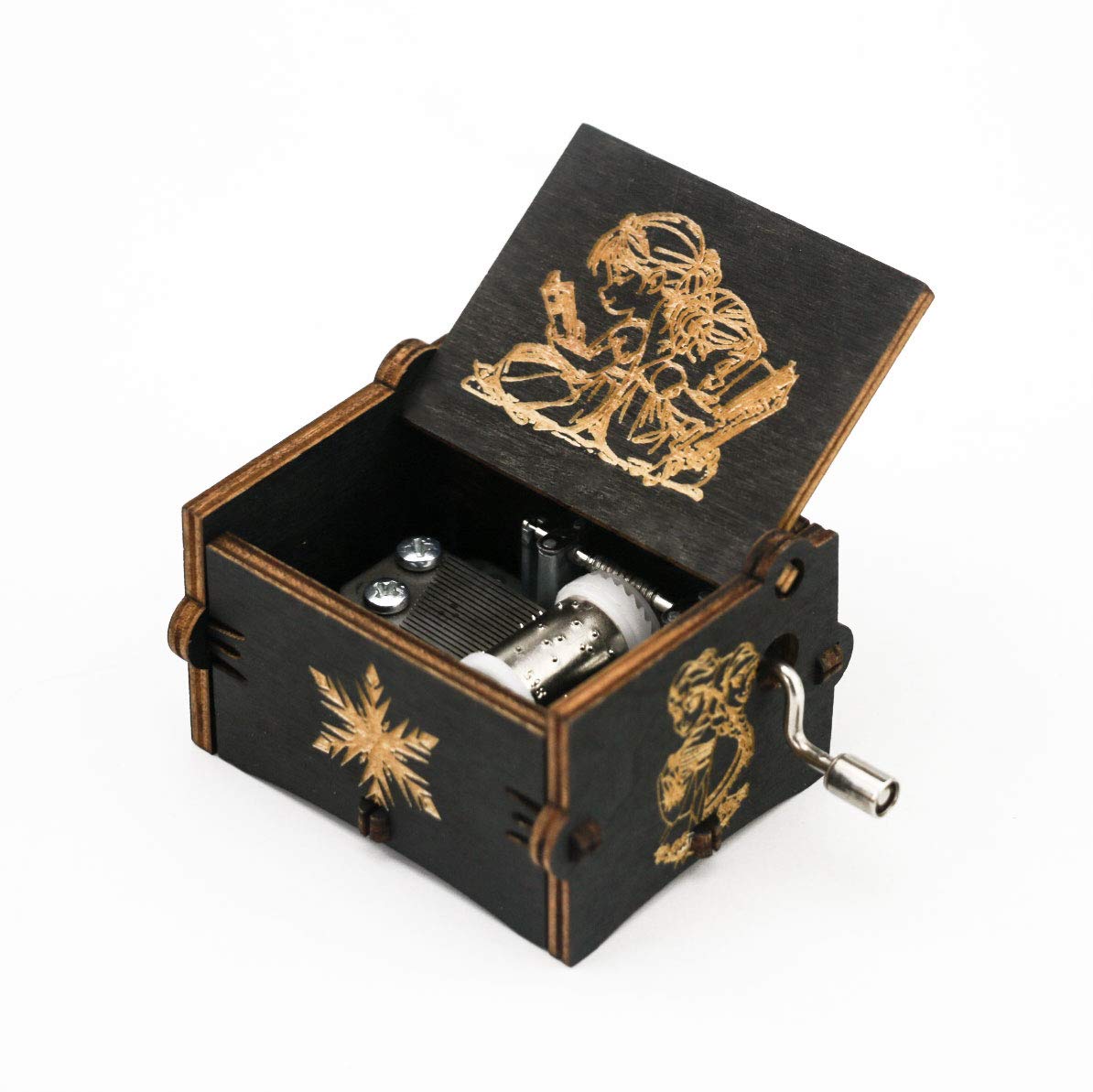 Hand Crank Wooden Music Box - Carved Tiny Musical Gift Box Plays 'Let It Go' Song - Perfect for Birthday Presents, Wedding Favors & Christmas Decorations (Black)