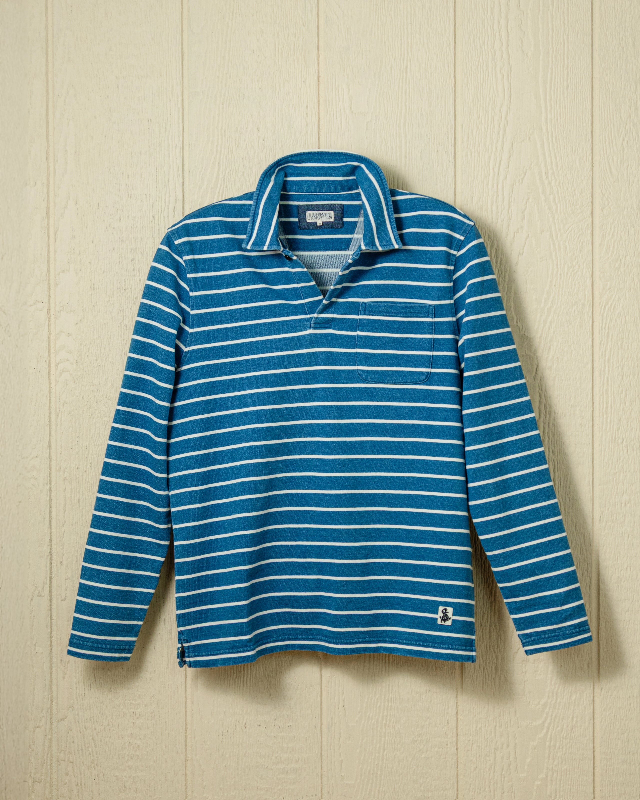 Premium Heavyweight Long Sleeve Indigo Polo Shirt - ¾