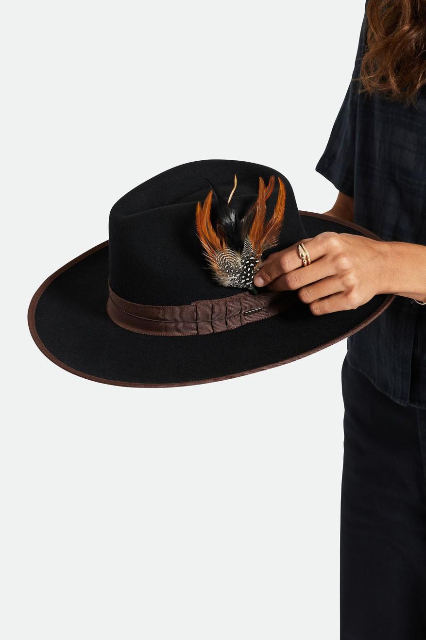 Brixton Feather Hat for Women - Stylish Burnt Orange, Black & Mahogany Trilby Fedora - Perfect for Outdoor Events, Concerts & Fashion Accessories