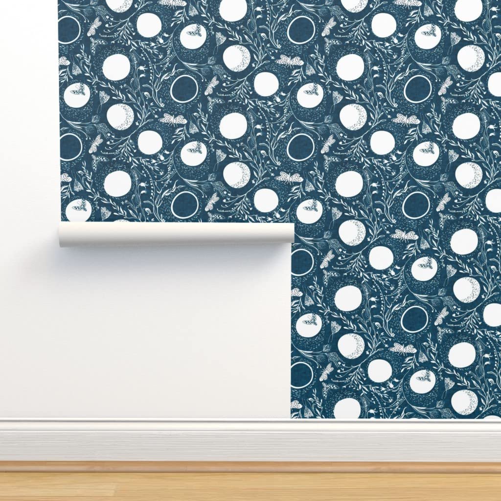 Navy Blue & White Moon Night Moth Peel & Stick Wallpaper - 12ft x 2ft Removable Self-Adhesive Bohemian Botanical Floral Design for Nursery, Bedroom, or Living Room Decor