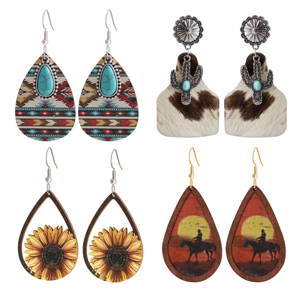 Western Cowgirl Cowboy Earrings Set - Boho Vintage Handmade Turquoise & Leather Dangle Earrings for Women | Cow Print Wood Teardrop Earrings | Perfect for Country Concerts, Rodeos & Boho Fashion
