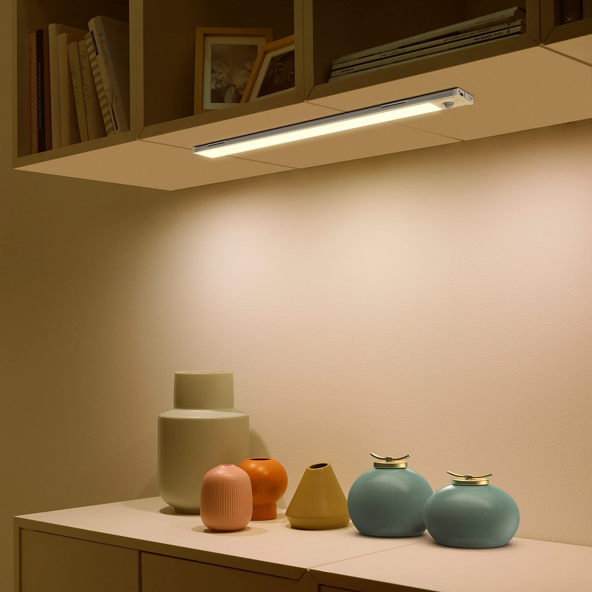 USB Rechargeable Under Cabinet Lights - 48 LED Motion Sensor Closet Lighting, Wireless Battery Operated for Wardrobe, Cupboard, Kitchen, Stairs - Perfect for Nighttime Safety & Home Organization