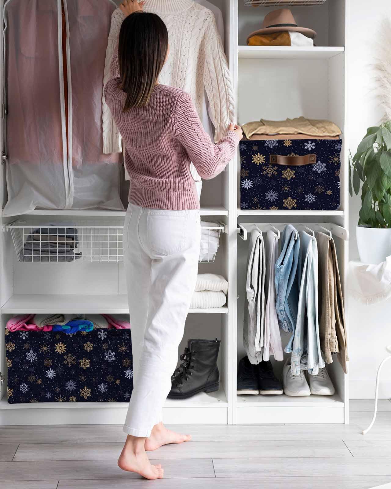 Navy Blue & Yellow Christmas Storage Baskets - 2 Pack Snowflake Fabric Storage Cubes with Handles (15