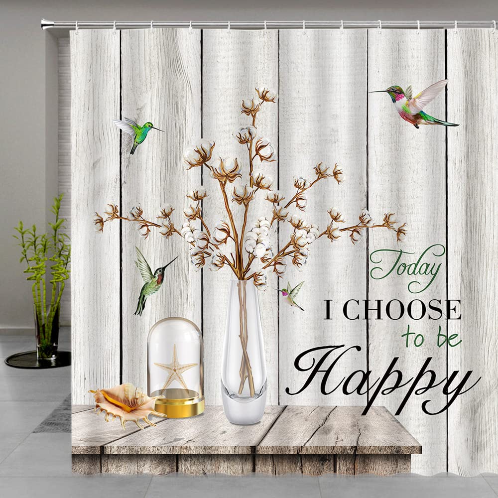 Rustic Cotton Flower Shower Curtain with Inspirational Quotes - Hummingbird Farmhouse Design for Bathroom Decor - Waterproof Fabric with Hooks - Perfect for Country Style, Vintage, and Boho Home Decor (72x72 Inches)