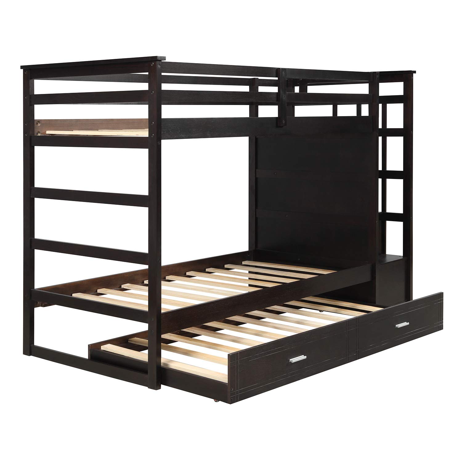 **Twin Over Twin Bunk Bed for Kids - Solid Wood Bunk Bed Frame with Trundle, Staircase, 4 Storage Drawers & Guardrails - No Box Spring Needed (Espresso + Trundle + Twin) - Perfect for Small Bedrooms, Guest Rooms & Kids' Shared Spaces**