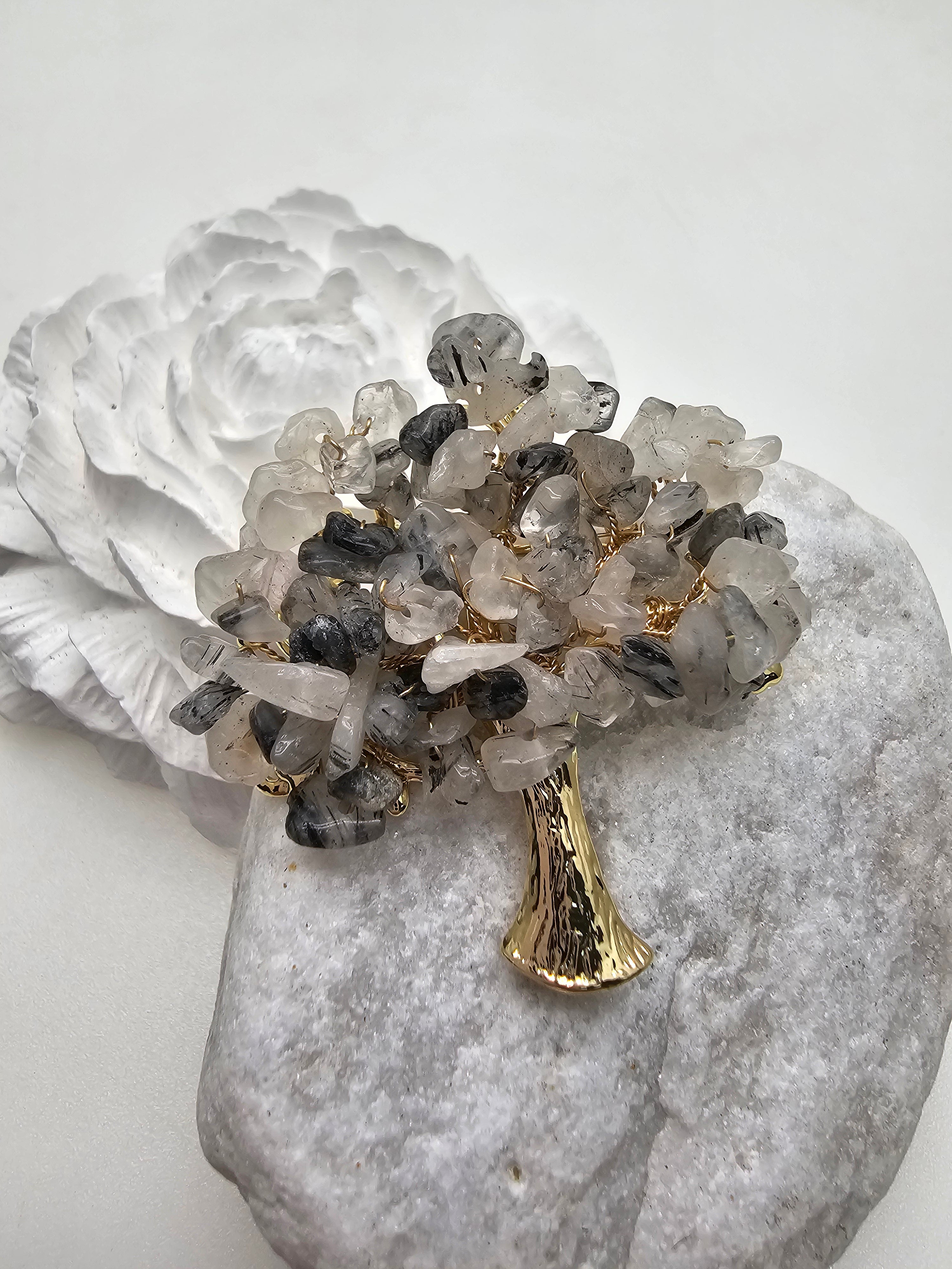 Handcrafted Black Rutilated Quartz Tree Shaped Brooch Pin - Elegant Nature-Inspired Jewelry for Women, Perfect for Weddings, Parties & Special Occasions