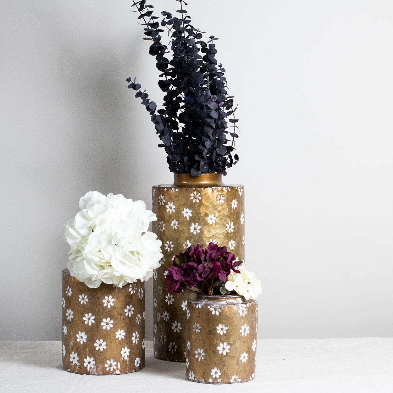 Rustic Whitewashed Floral Galvanized Metal Decorative Vase - Medium Brass Farmhouse Style Home Decor for Living Room, Bedroom, or Wedding Centerpiece