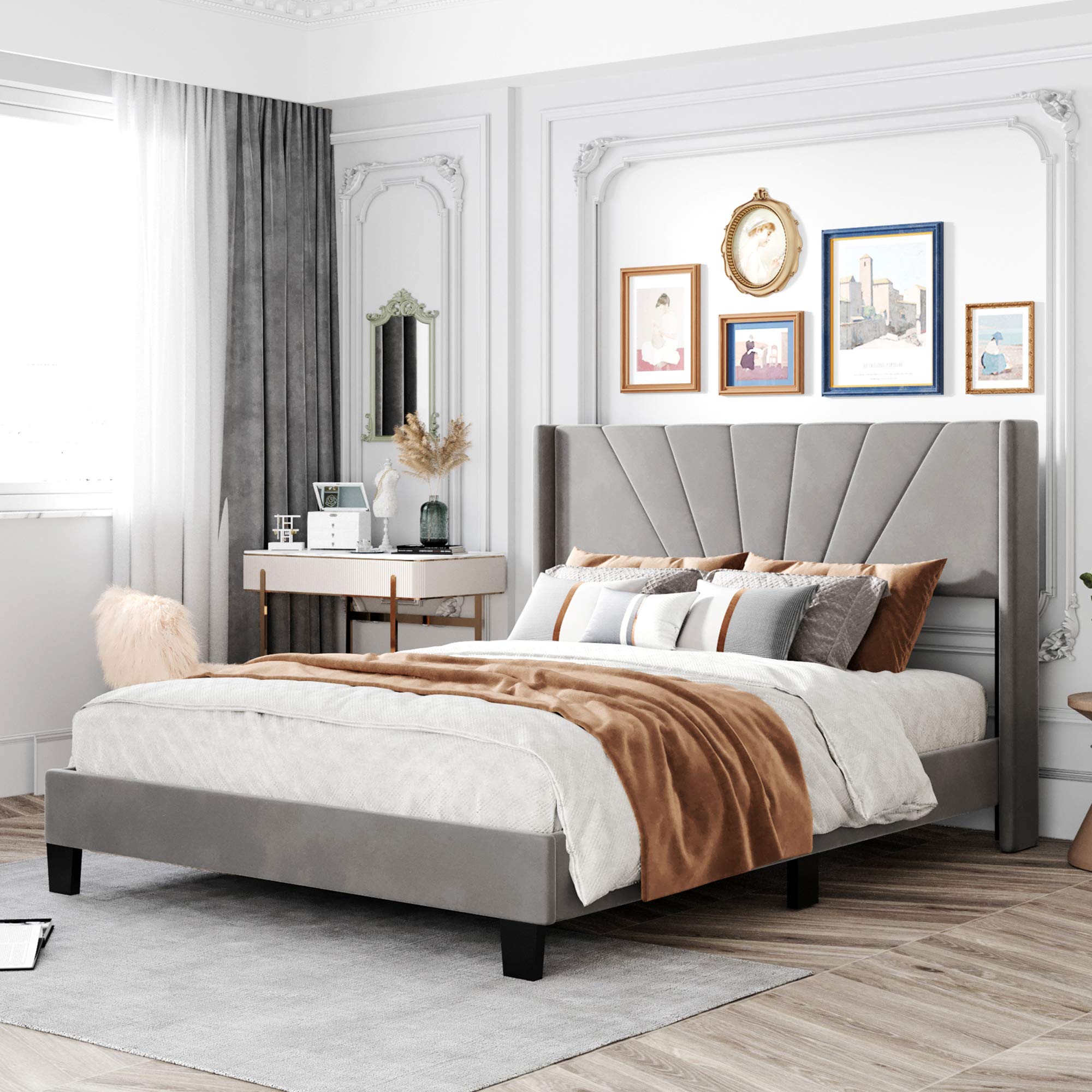 P PURLOVE Queen Velvet Upholstered Platform Bed Frame with Headboard - No Box Spring Needed, Soft Gray Luxury Bed for Master Bedroom & Guest Room