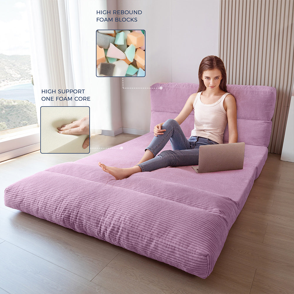 MAXYOYO Corduroy Bean Bag Folding Sofa Bed - Extra Wide Foldable Floor Mattress in Purple | Perfect for Living Room Lounging, Guest Bed & Dorm Room Comfort