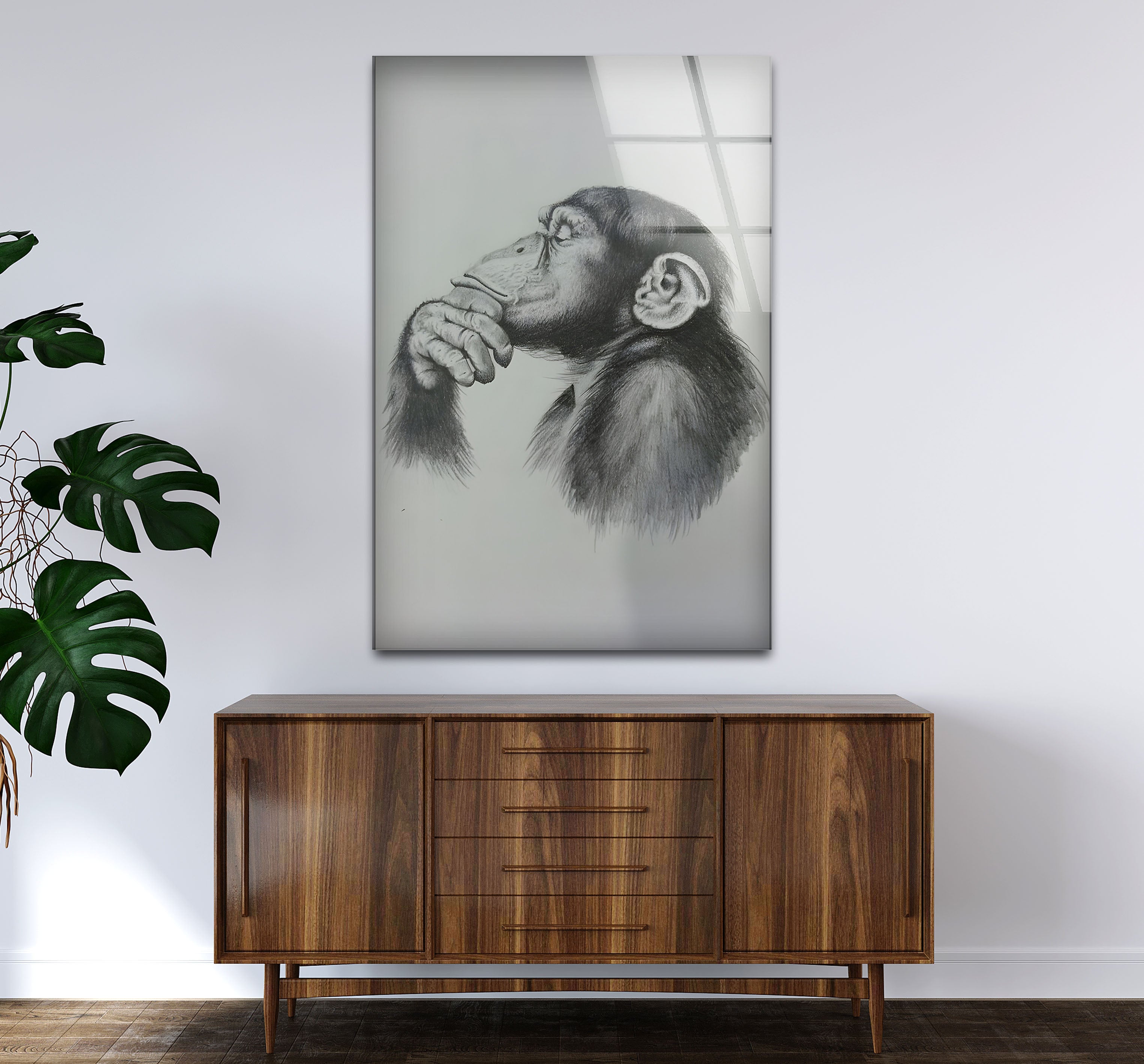 Black and White Monkey Drawing Glass Wall Art - Elegant Home Decor for Living Room, Bedroom, or Office