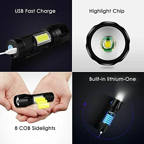 Ultra Bright Rechargeable LED Flashlight - USB Mini Tactical Torch, Compact Handheld Pocket Light with Side Lantern | High-Powered Portable Travel Flashlight (1 Pack) for Camping, Hiking, Emergency & Outdoor Adventures