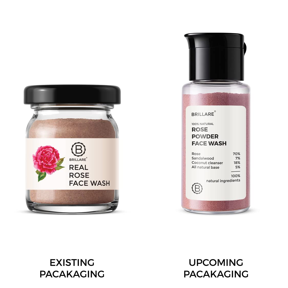 Brillare Rose Face Wash - Anti-Aging, Hydrating Natural Powder Cleanser with Sandalwood & Coconut | Reduces Wrinkles & Improves Skin Elasticity | 100% Organic 15g Face Wash for Glowing Skin - Perfect for Daily Skincare Routine & Travel