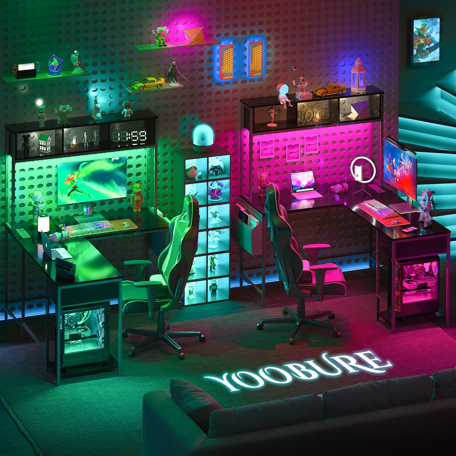 Yoobure L-Shaped Gaming Desk with LED Lights & Power Outlet - Reversible Computer Corner Desk with Storage Shelf, Drawer & Organizer Bag - Ergonomic Home Office Workstation for 2 People (Black) - Perfect for Small Spaces, Gaming Setups & Shared Workspaces