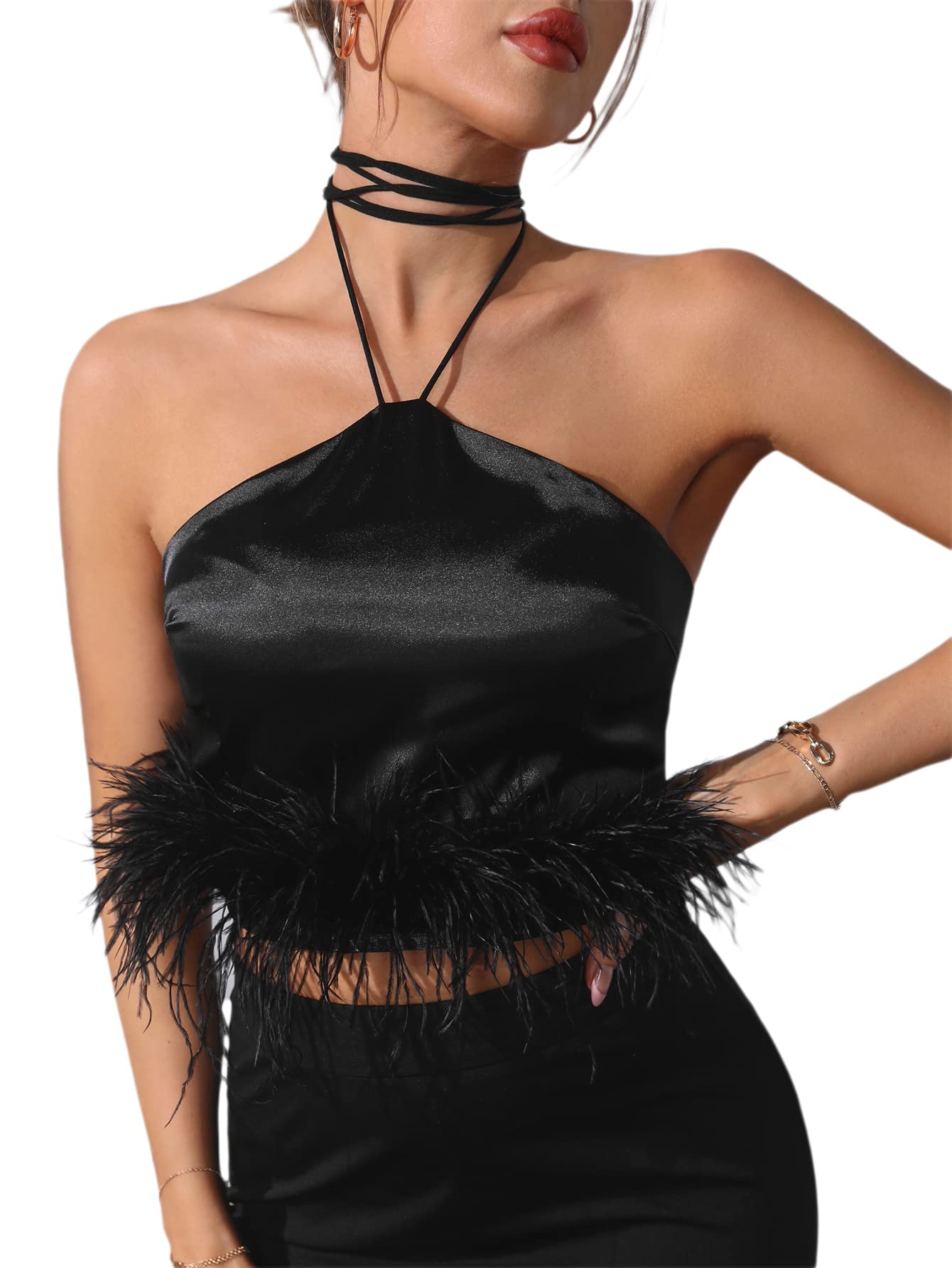 MakeMeChic Women's Satin Silk Halter Top - Self Tie Fuzzy Trim Crop Cami Blouse for Summer, Party & Date Night Outfits | Elegant Sleeveless Casual Wear