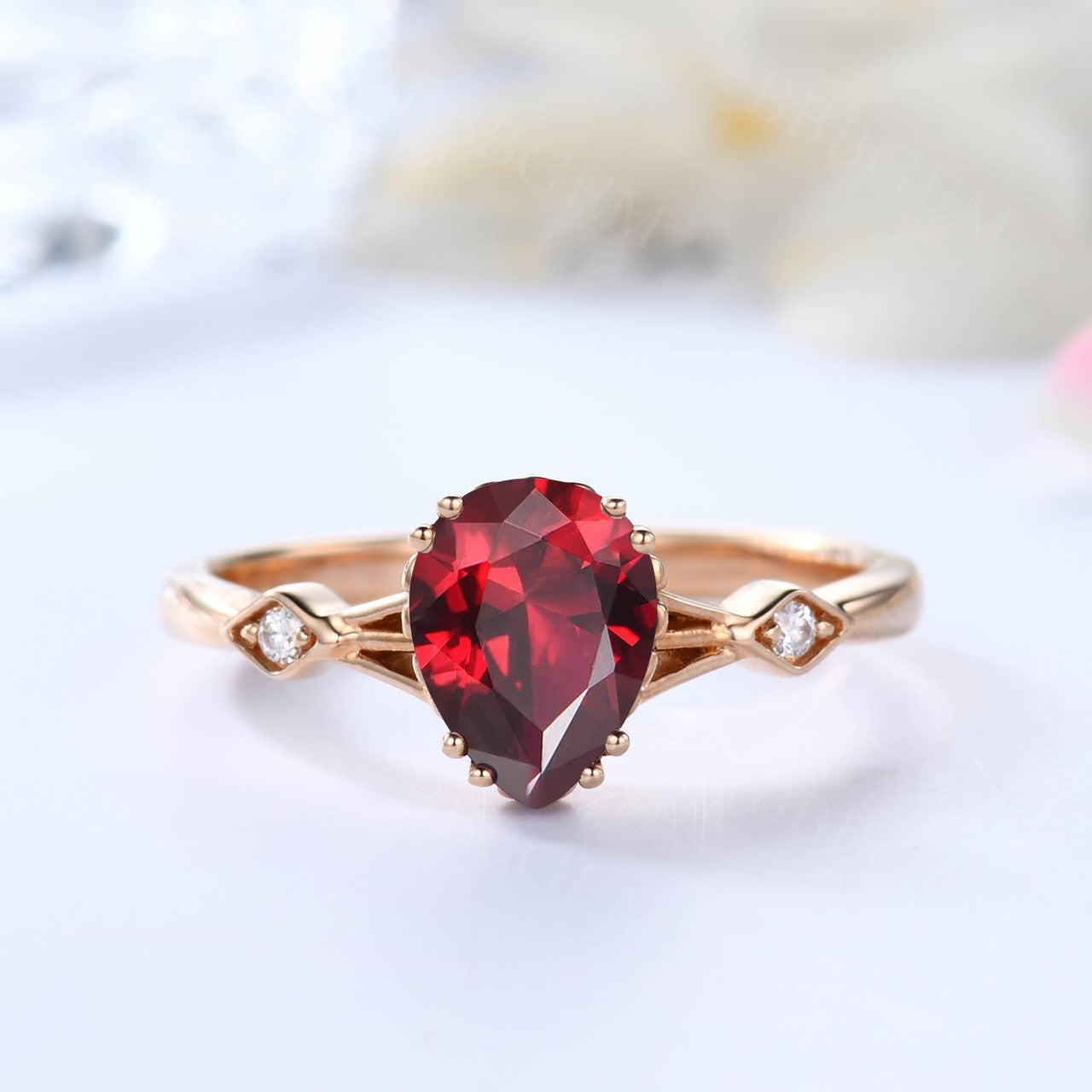 Vintage Dark Red Garnet Pear Cut Three Stone Diamond Engagement Ring in Rose Gold - Perfect for Wedding, Anniversary & Romantic Gift Giving