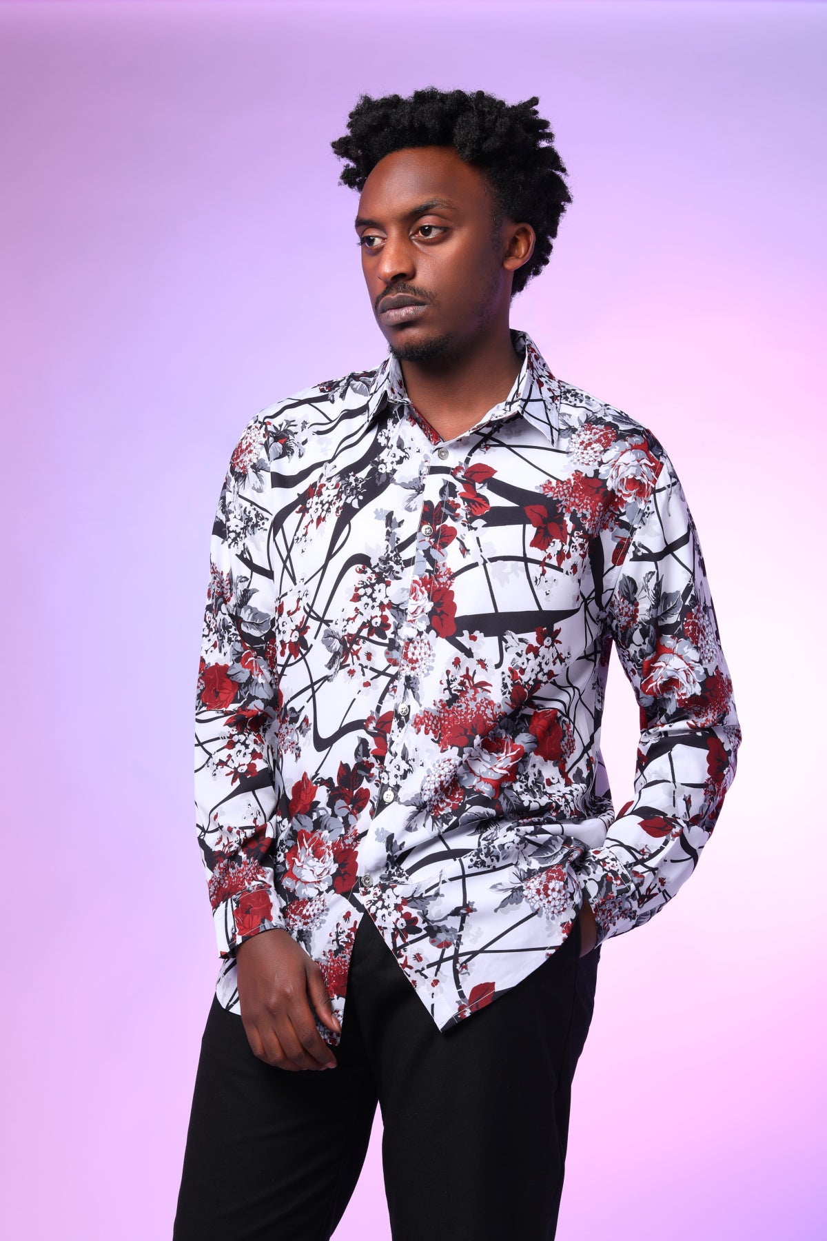 Stylish Slim Fit Red Plum Blossom Print Shirt for Men - Trendy Casual & Office Wear - Perfect for Date Nights, Parties & Business Meetings