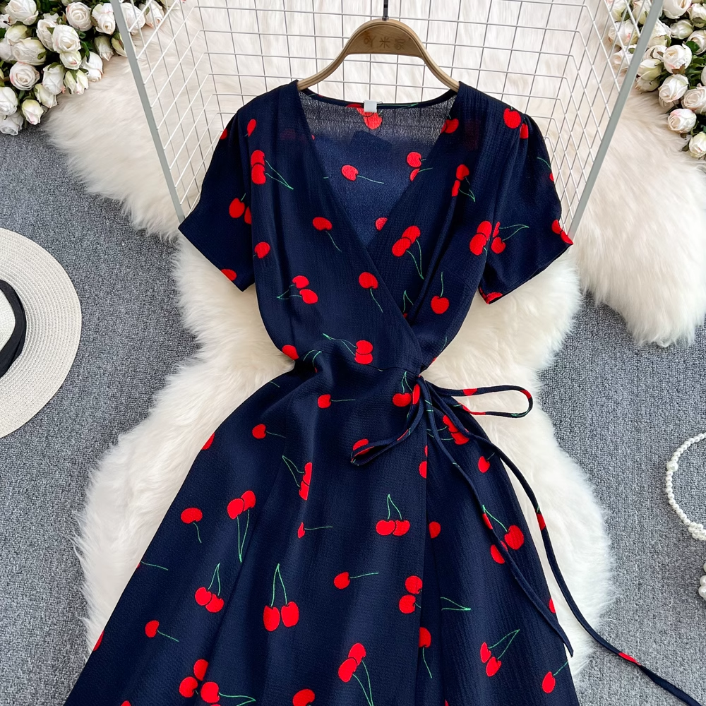 Cherry Print V-Neck Short Sleeve Summer Dress - Flattering A-Line Cut for Women | Perfect for Beach Vacations, Garden Parties & Casual Outings
