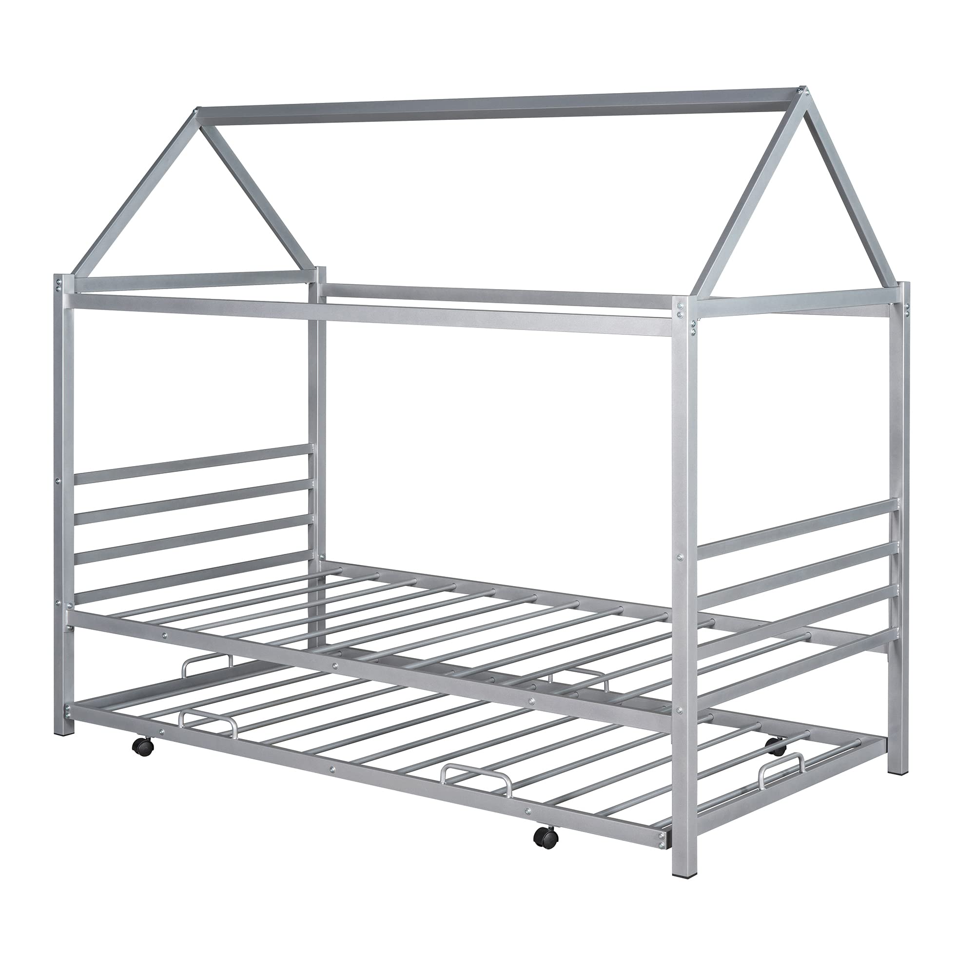 Twin Size Metal House Platform Bed with Trundle - Foldable Daybed Frame with Roof for Kids & Toddlers, Silver House-Shaped Bed with Play Tent Decorations - Perfect for Bedrooms, Playrooms & Sleepovers