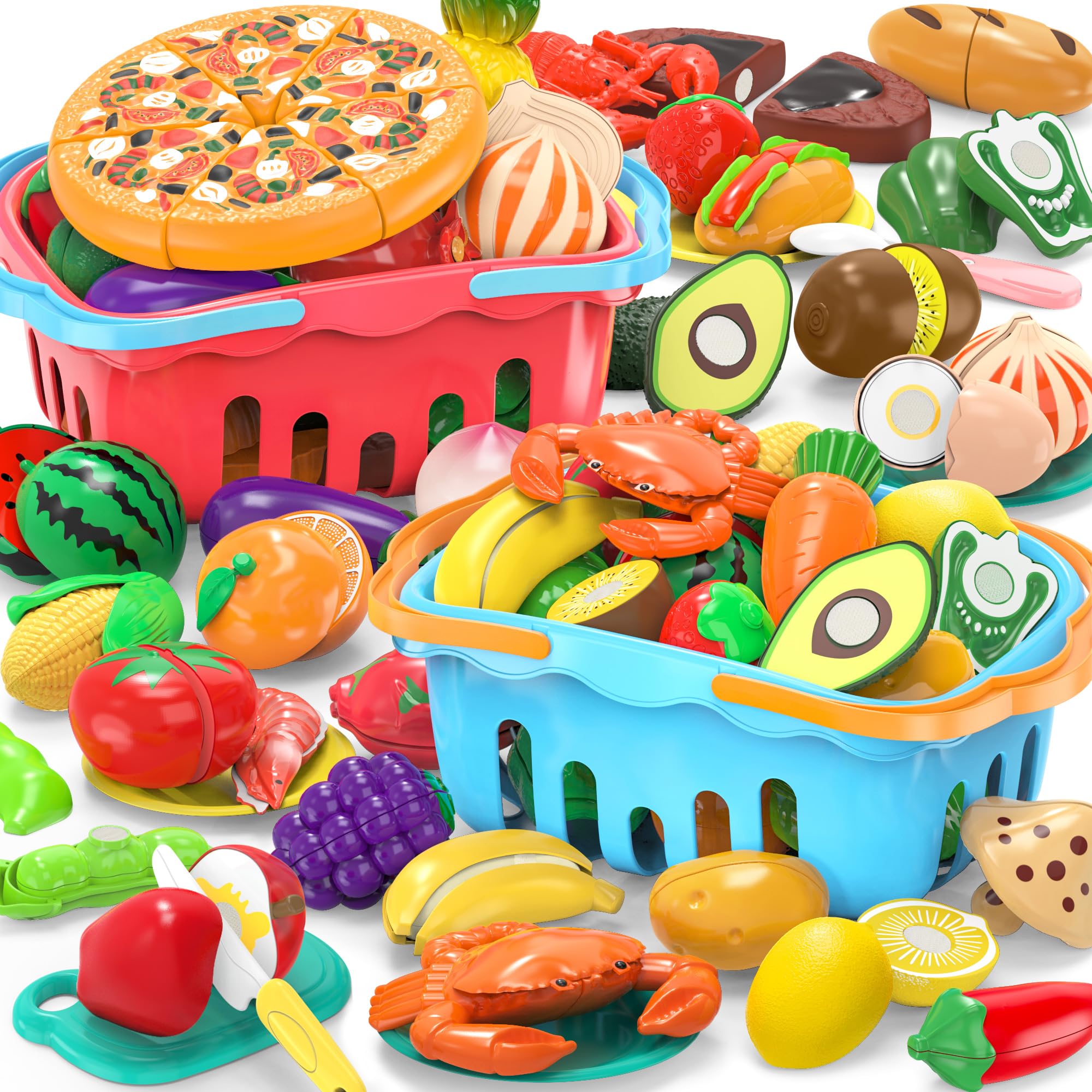 120-Piece Pretend Play Food Toy Set with 2 Storage Baskets - Fake Fruits & Vegetables for Kids Kitchen Role Play - Educational Toddler Toys for Boys & Girls - Perfect for Birthday Gifts & Preschool Learning Activities