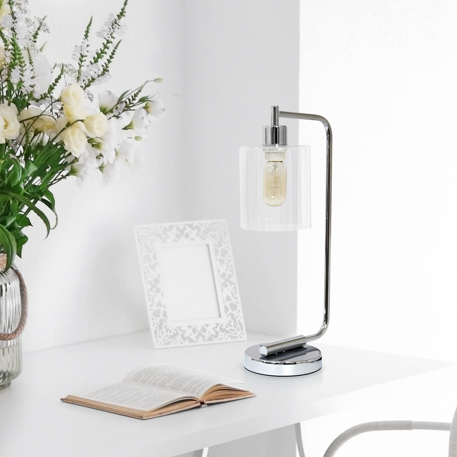 Modern Chrome Iron Desk Lamp with Glass Shade - Adjustable Office Lighting for Study, Reading & Home Decor