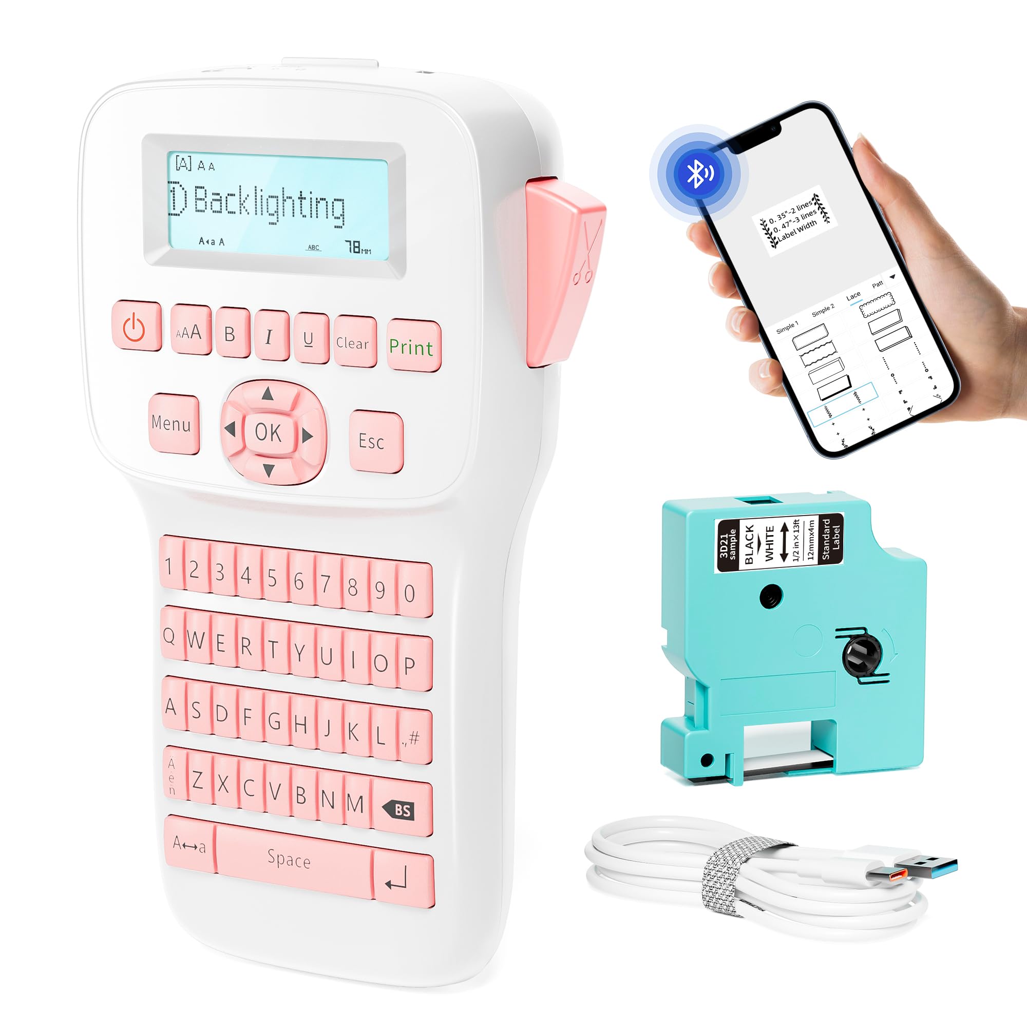 Rechargeable Bluetooth Label Maker with Keyboard - LM1600 Handheld Labeling Machine, Backlit Large Display, Portable Labeler for Home Office & School Organization (Pink) | Perfect for Organizing Files, Storage Boxes, and Office Supplies