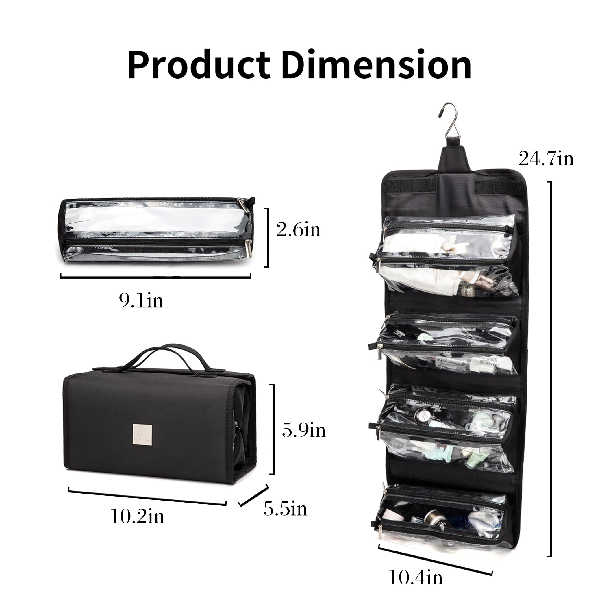 Roll Up Makeup Bag - Travel Toiletry Organizer with 4 Clear TSA Approved Pouches, Hanging Cosmetic Bag for Women & Men | Perfect for Air Travel, Gym, Camping & Daily Use