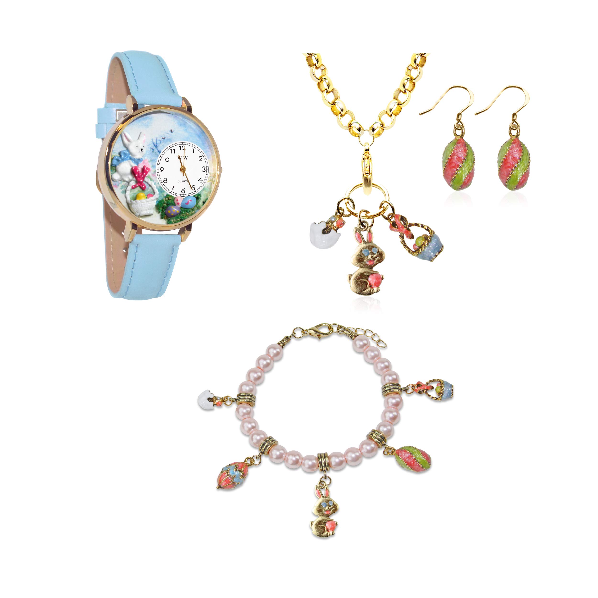 Whimsical Easter Watch & Jewelry Set (4-Piece Gold) - Perfect Gift for Women, Girls, Easter Basket Stuffers & Spring Accessories