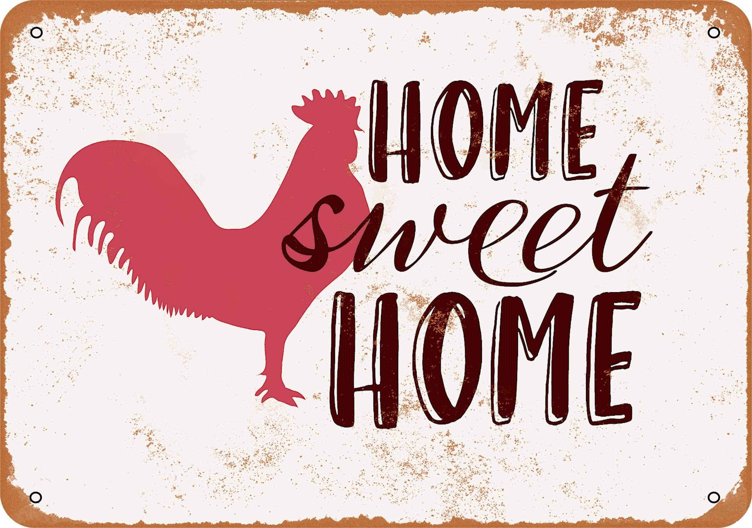 9x12 Vintage Metal Sign - Home Sweet Home with Chicken Design - Rustic Farmhouse Decor for Kitchen, Living Room, or Outdoor Patio
