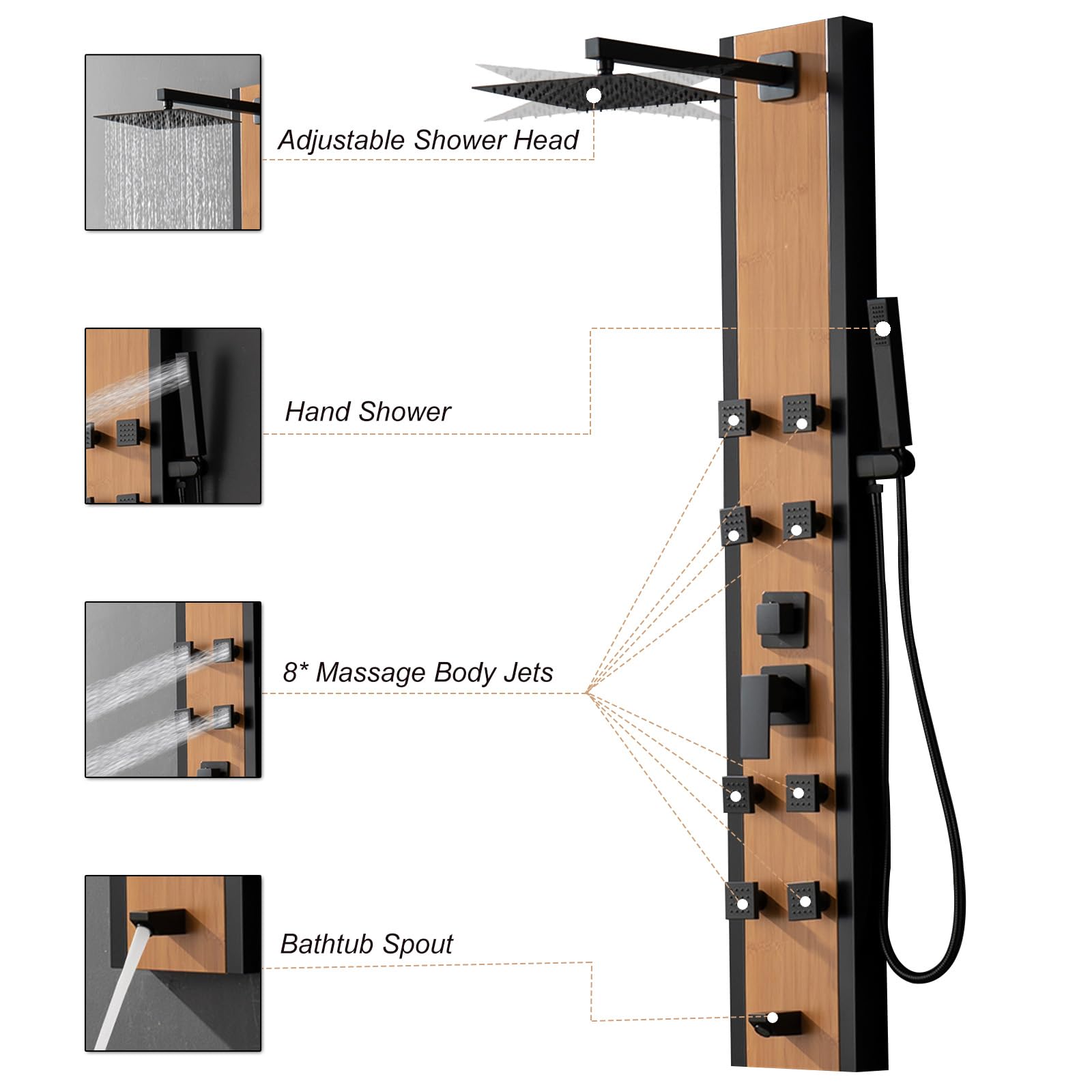 Premium Bamboo & Stainless Steel Shower Tower System with 8 Massage Jets, Adjustable Rainfall Shower Head, Handheld Wand & Tub Spout - Luxury Spa Experience for Master Bathroom Renovation