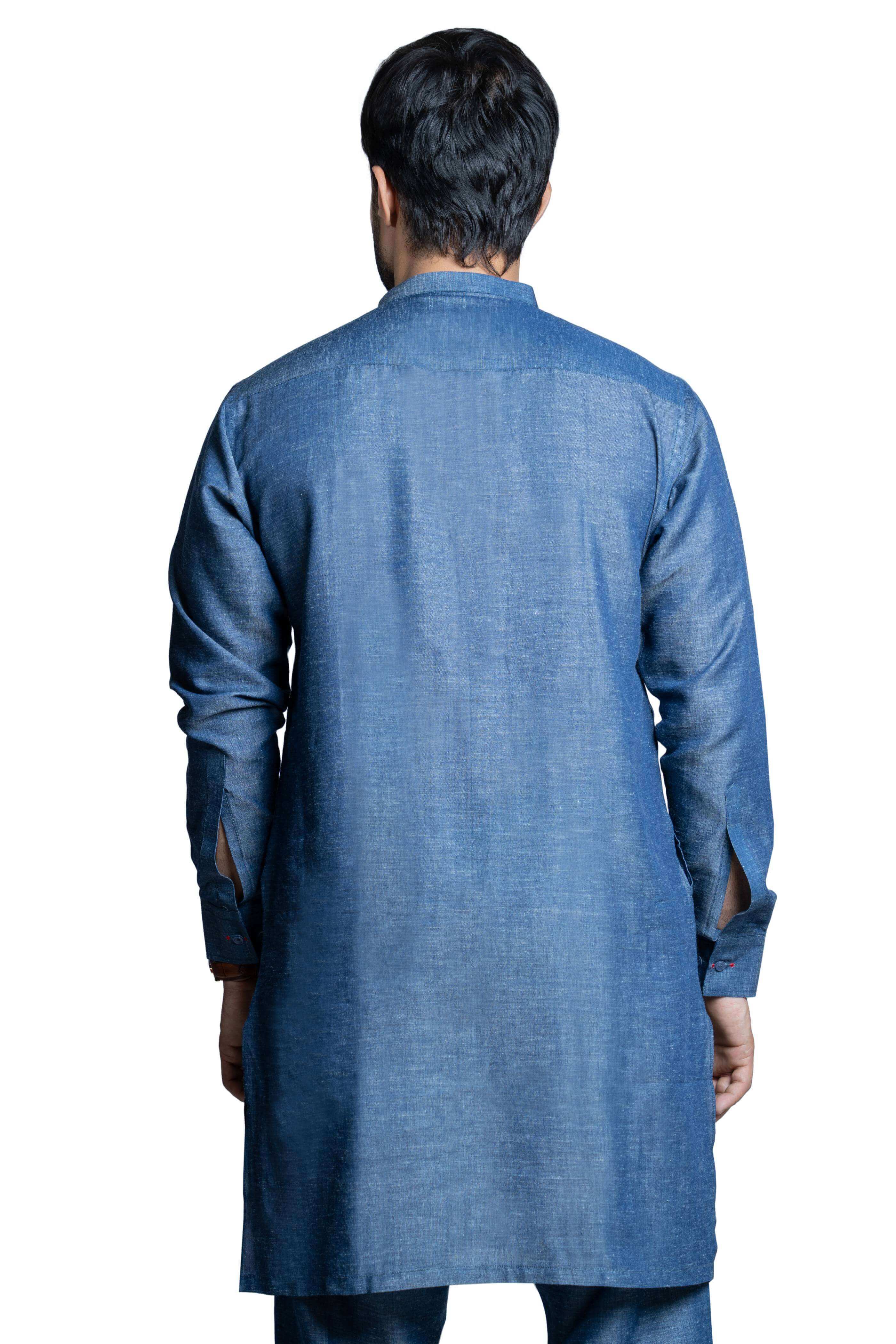 Elegant Blue Tensile Linen Kurta Pant Set - Classic Fit Indian Ethnic Wear for Men, Perfect for Festivals, Weddings & Casual Outings
