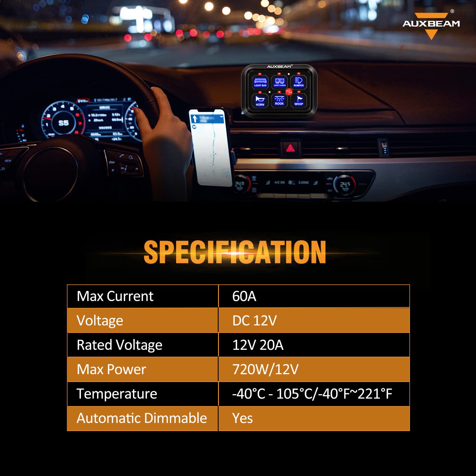 Auxbeam BC60 6 Gang Universal Switch Panel - Dimmable LED Touch Control Relay System for Cars, Trucks, UTVs, ATVs & Boats | Waterproof Circuit Box with 2-Year Warranty | Perfect for Off-Roading, Marine & RV Lighting Control (Blue)