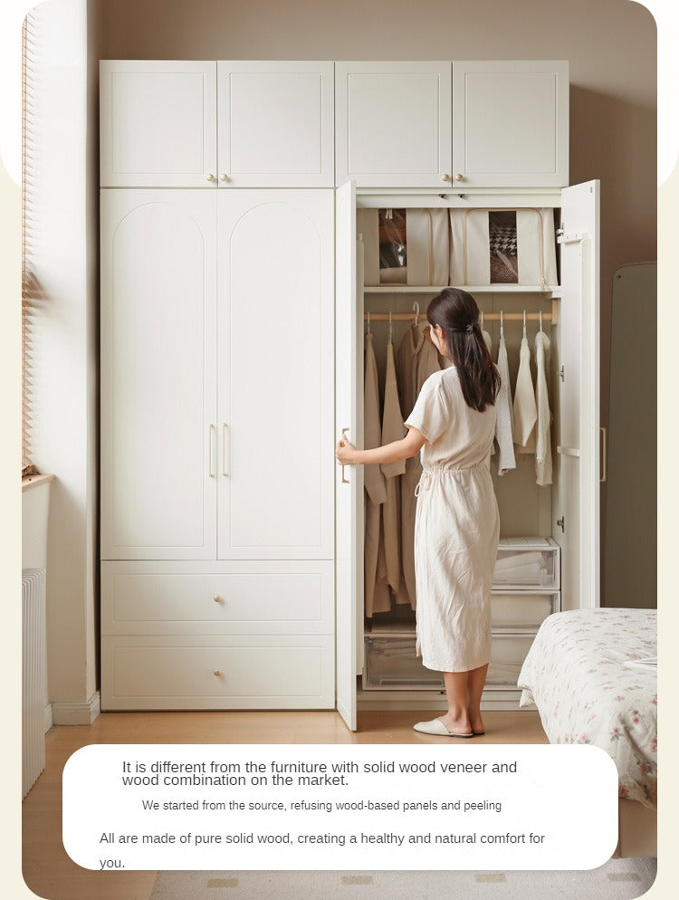 French Cream Pine Solid Wood Wardrobe - Elegant Vintage Closet for Bedroom, Living Room & Guest Room Storage