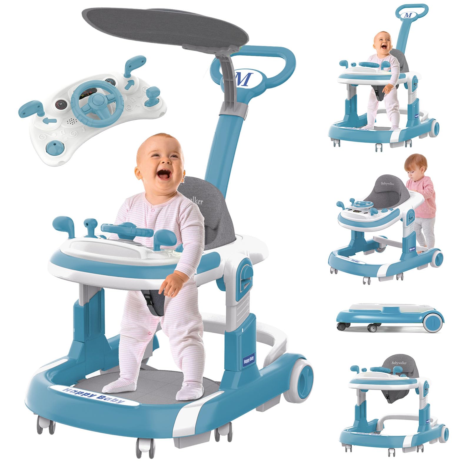 **Foldable Baby Walker with Wheels - 5 Modes, Music, Adjustable Height (6-12 Months) | Push Handle, Bouncer, Food Tray & Sunshade | Safe for Boys & Girls (Blue) | Perfect for Learning to Walk & Indoor Play**