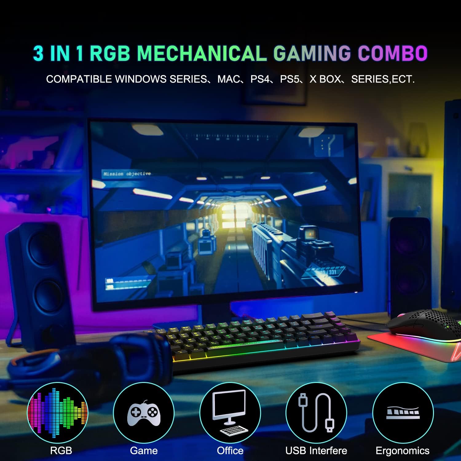 LexonElec KM614 65% RGB Mechanical Keyboard & Mouse Combo for Gaming & Office